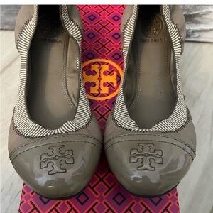 Tory Burch Neutral Patent Cap-Toe Logo Ballet Flats